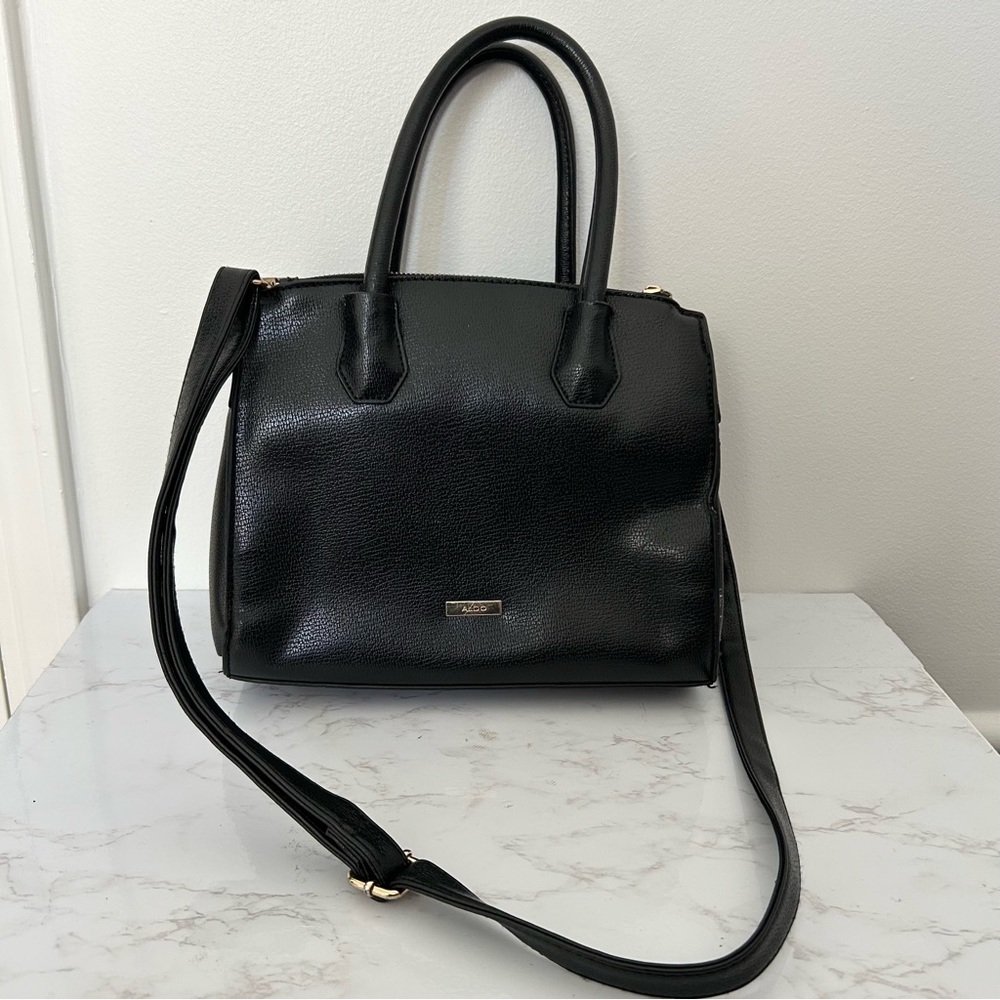 Aldo Smooth Faux Leather Crossbody Tote Purse in Black Medium Bag Zipper Button
